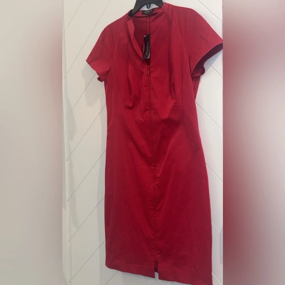 Lafayette 148 New York full Zip Front Midi Sheath Dress Ruby Red US 6 NWT $498 - Picture 2 of 10